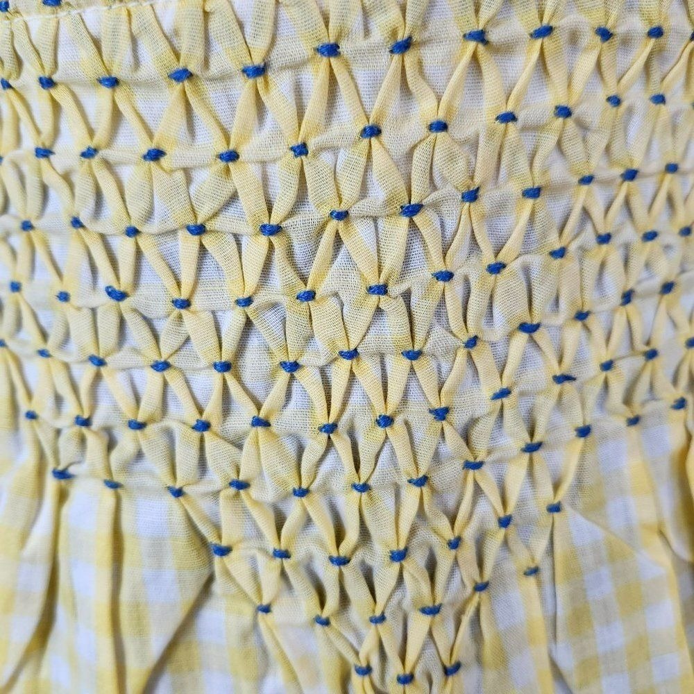 Vintage 1960s Hand Sewn Yellow & White Checked Embroidered Gingham Country Smock